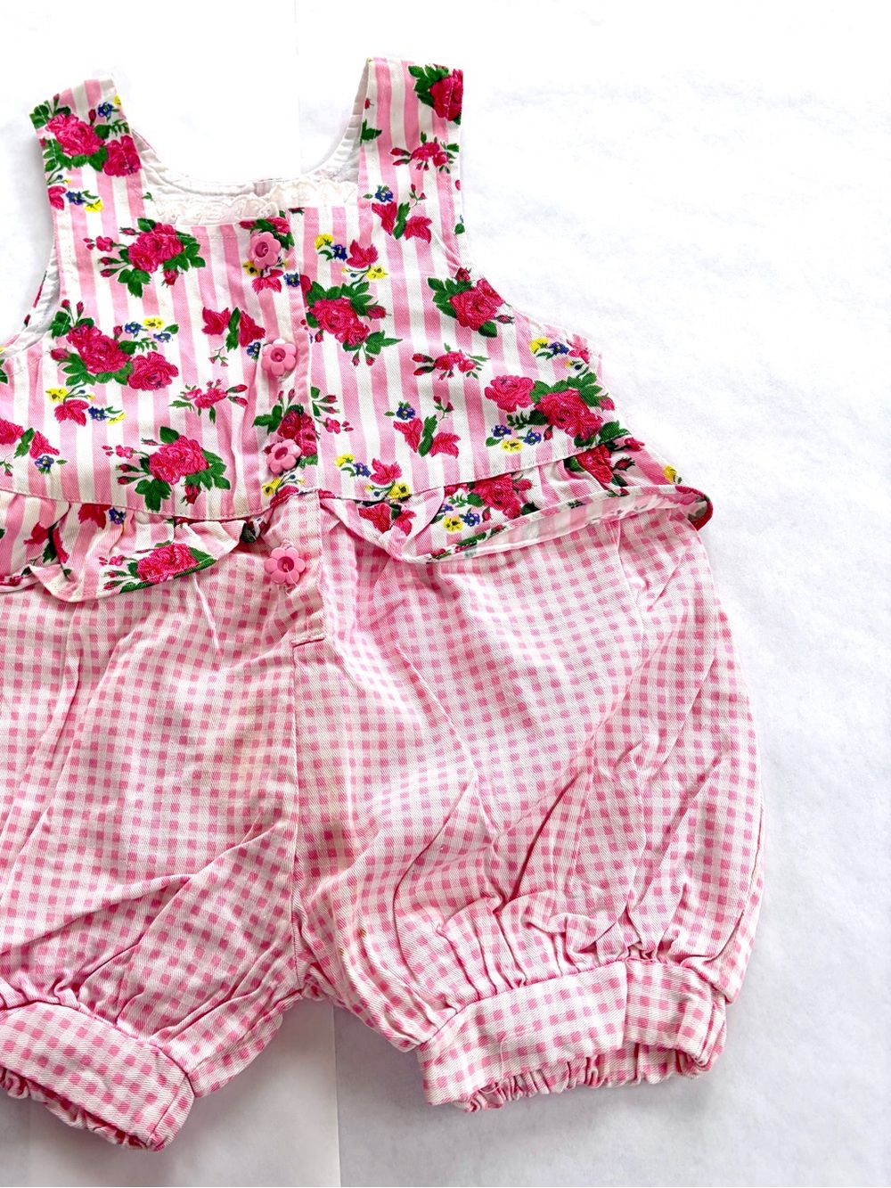 1990s Popsicle brand Bubble Romper with Pink Roses/Stripe/Gingham/Flower Buttons